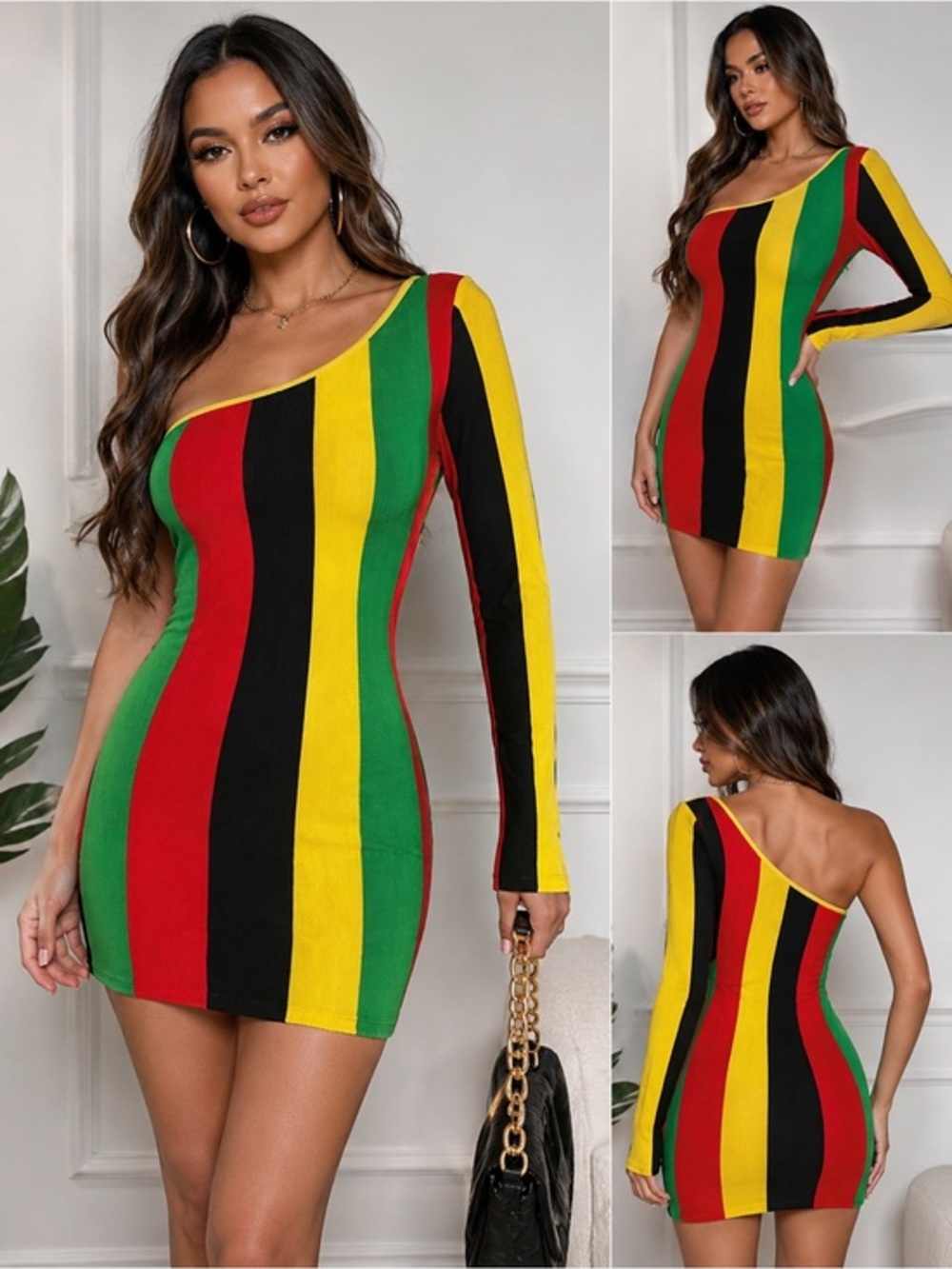 One Shoulder Bodycon Sweater Dress Stripe Red Yellow Green Black Clubwear